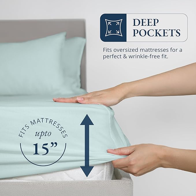 LANE LINEN Twin XL Fitted Sheets, 100% Organic Cotton 2-Piece Set (1 Fitted Sheet, 1 Pillowcase), Percale Weave, Soft, Breathable, Fits Mattress Upto 15" Deep - Cool Blue (No Flat Sheet)