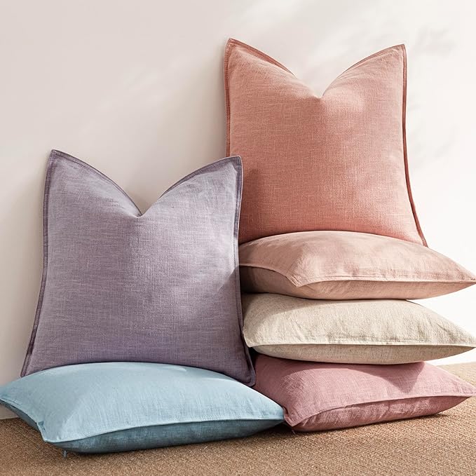 Foindtower Pack of 2, Decorative Linen Soild Throw Pillow Covers Soft Accent Euro Cushion Case Boho Farmhouse Pillowcase for Chair Couch Sofa Bedroom Living Room Home Decor 24 x 24 Inch Coral Pink