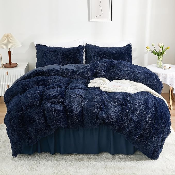 annadaif Fluffy Duvet Cover Full Size, Navy Blue Plush Shaggy Faux Fur Comforter Cover Velvet Bedding Set with Zipper Closure(1 Duvet Cover, 2 Pillowcases)