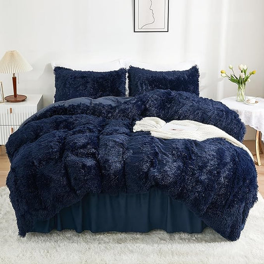 annadaif Fluffy Duvet Cover Full Size, Navy Blue Plush Shaggy Faux Fur Comforter Cover Velvet Bedding Set with Zipper Closure(1 Duvet Cover, 2 Pillowcases)