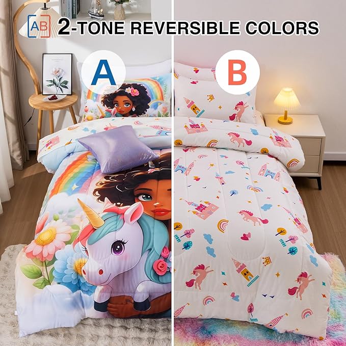A Nice Night Rainbow Unicorn Twin Comforter Set for Girls 6 Pieces Bed Sets with Sheets, Princess Style Lightweight Soft Flower Bedding Set for Kids Teens,Twin
