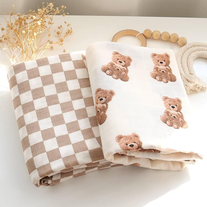 LifeTree Muslin Swaddle Blankets, Baby Swaddling Wrap Nursery Blanket Unisex, Soft 70% Viscose from Bamboo and 30% Cotton, Large 47 x 47 inches, Bear & Checkered Swaddle Blanket