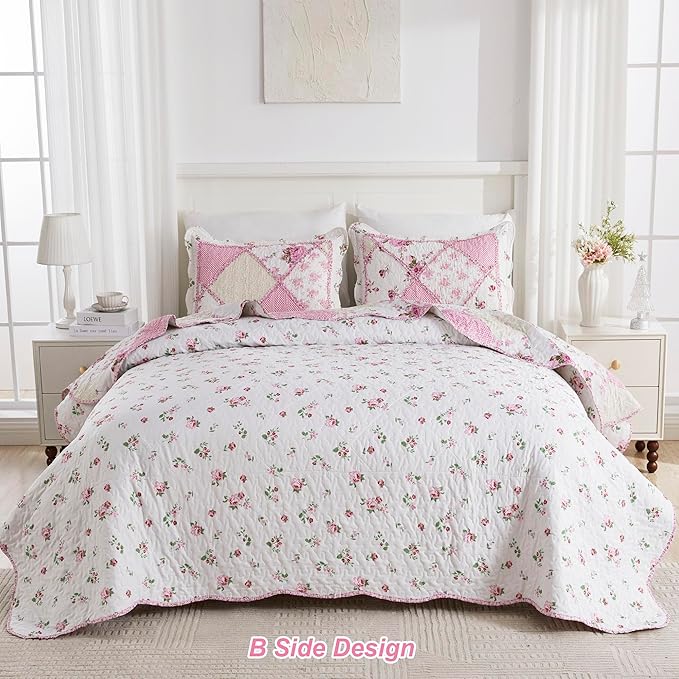 VIVILINEN Pink Patchwork Quilt Set Queen Size Reversible Quilted Bedspread Coverlet Set 3-Piece Floral Lightweight Comforter Stitched Bedding Set Bed Sheet Set Cover Blanket with 2 Pillow Shams | Pink Quilt Set, Patchwork Quilt Set, Reversible Bedsprea...
