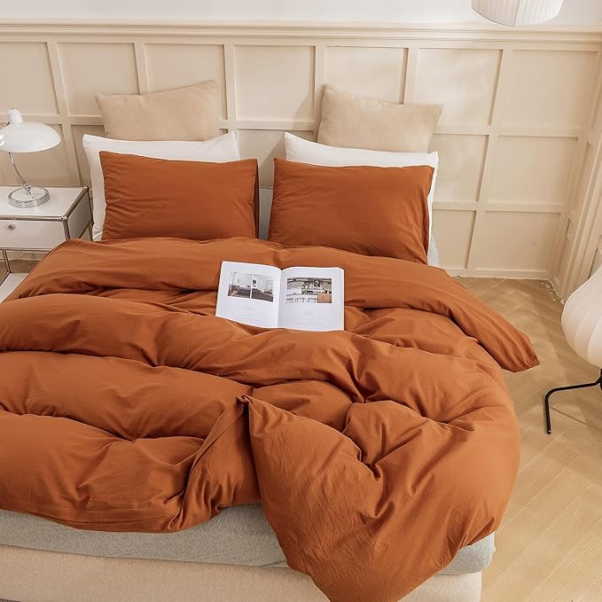 ECOCOTT Brown Duvet Cover King Size, 3 Piece 100% Washed Cotton 1 Duvet Cover with Zipper and 2 Pillowcases, Ultra Soft and Easy Care Breathable Cozy Bedding Set (Brown,King)
