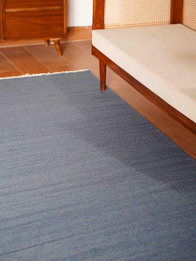 Rugsotic Carpets Hand Woven Flat Weave Kilim Wool ECO-Friendly Area Rugs - 5'x8', Rectangle Shape, Blue Color, Solid Plain Design, Low Pile Handmade Area Rugs for Living Room, Bed Room (D00111)