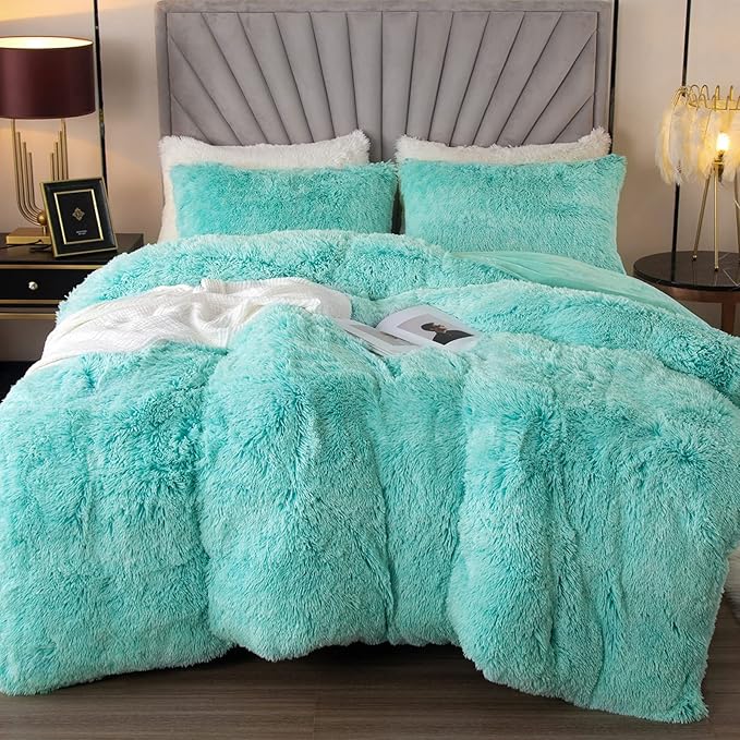 EMME Faux Fur Duvet Cover Queen Size, 3 Pieces Ultra Soft Fluffy Comforter Cover, Cozy Warm for Winter, Luxury Elegant Shaggy Bedding, 1 Duvet Cover & 2 Pillow Shams (Queen, Aqua)