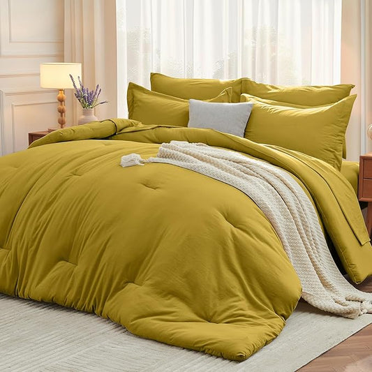 MUXHOMO 7 Pieces Queen Comforter Set, Soft Bed in a Bag Queen Size, All Season Bedding Set with Comforter, Flat Sheet, Fitted Sheet, Pillowcases & Shams, Mustard Yellow