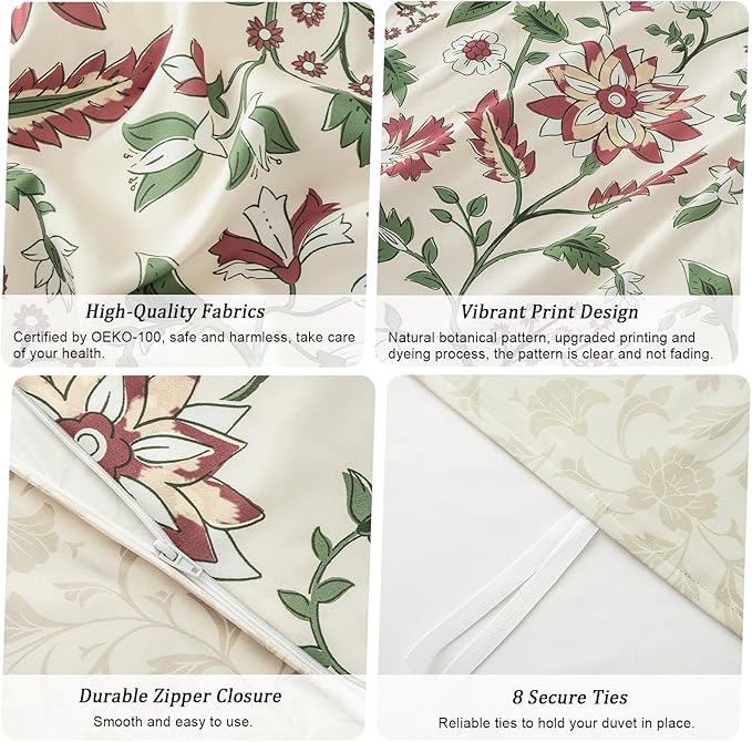 PHF Ultra Soft Floral Duvet Cover King Size, Printed Bedding Set 3 Pieces, Comfy Farmhouse Pattern Duvet Cover Set with 2 Pillow Shams, Zipper Closure and 8 Ties, 104"x90", Flower-Pink