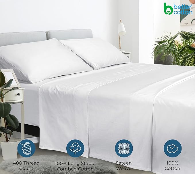 400 Thread Count 100% American Grown Cotton White Flat Sheet Only - Cooling Sheets - Luxury Sateen Weave - Full Size Flat Sheet Sold Separately - Super Soft Cotton Top Sheets (Full, Signature White)