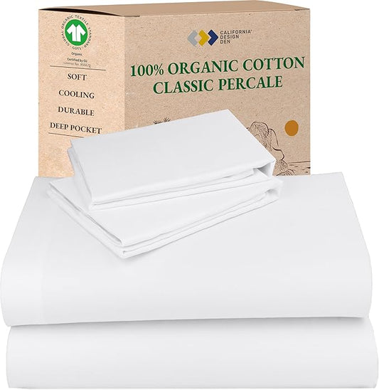 California Design Den King Size Sheets Set - Soft 100% Organic Cotton, Crisp Percale Sheets with Deep Pockets, Breathable and Durable Bedding Set - White