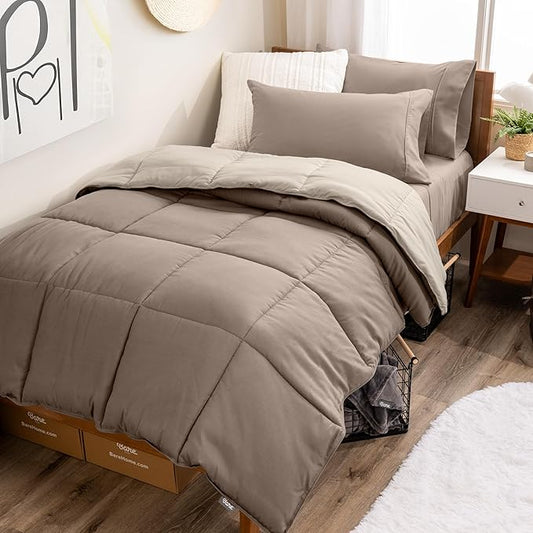 Bare Home Reversible Bed-in-A-Bag Comforter & Sheet Set - Twin Extra Long - Down Alternative - Soft - Bedding Set (Twin XL, Taupe/Sand, Taupe)