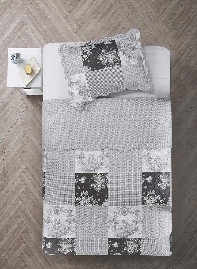Brilliant Sunshine Grey Toile Floral Patchwork, 2-Piece Quilt Set with 1 Sham, Reversible Bedspread, Soft Lightweight Coverlet, All-Season, Twin, Grey