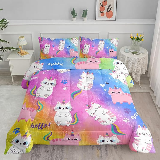Axolotl Cat Bedding Comforter Set King,Cartoon Cat Bedding,Rainbow Gradient Printed Kids Bedding Set for Girls Adults Teens,Cute Kids Comforter All Season,1 Quilt 2 Pillow Cases,Colorful Pink Blue