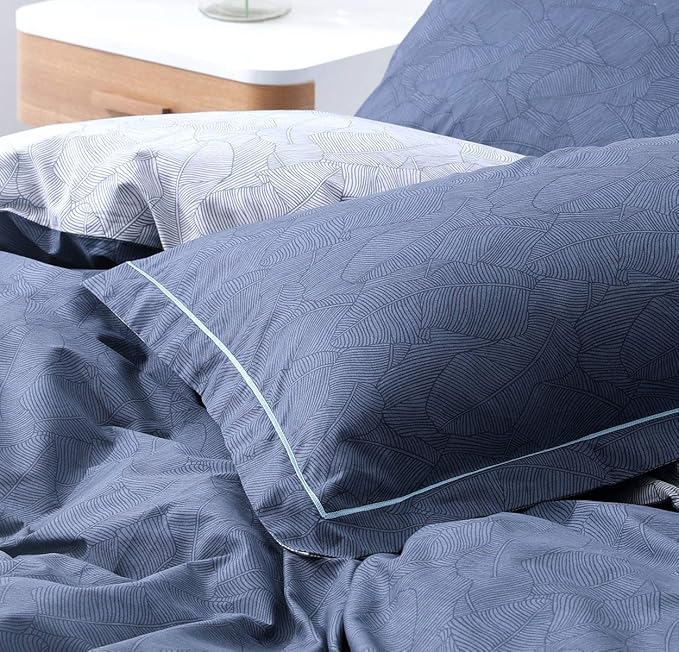 SLEEPBELLA Duvet Cover King Size, 600 Thread Count Cotton Navy & Grey Printed with Luxurious Blue Leaves Pattern Reversible Botanical Comforter Cover Sets, Bedding Set 3Pcs (King, Navy-Blue Leaves)