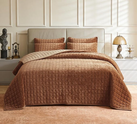 Luxurious Velvet Quilt California King Size Set 106" x118" Ultra Soft Bedding Set Quilted Bedspread Coverlet with 2 Matching Pillow Shams for All Seasons,Caramel