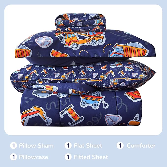 Viviland Kids Twin Bedding Sets for Boys, Soft Twin Comforter Set with Sheets, 5 Pieces Microfiber Bed in a Bag, Navy Blue Tractor