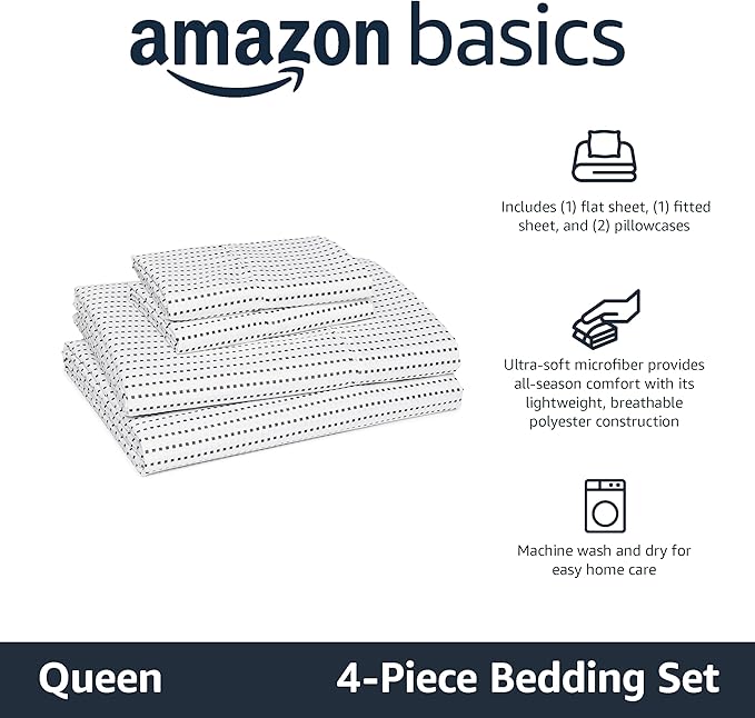 Amazon Basics Lightweight Microfiber 4-Piece Bed Sheet Set, Queen, Plum, Printed
