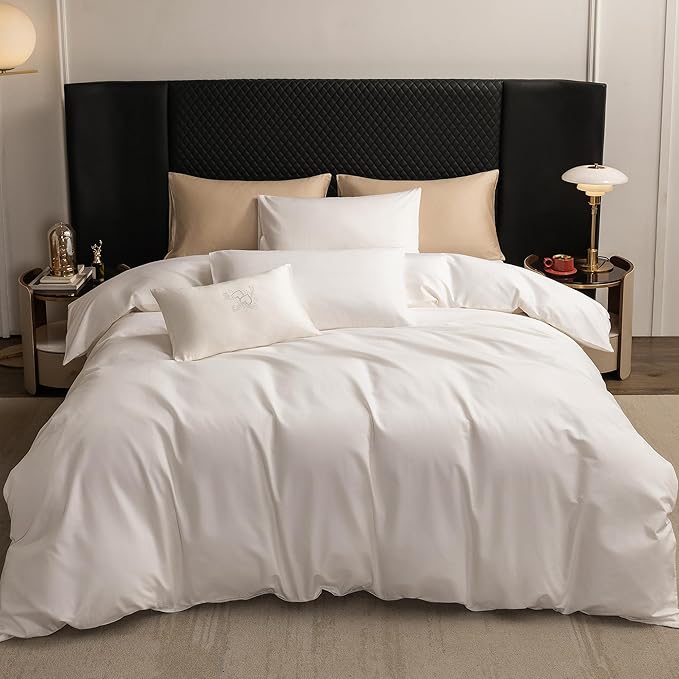 MooMee Queen Duvet Cover Set, 100% Extra Long Staple Cotton 600 Thread Count Sateen Silky Soft Breathable Durable Luxury Hotel Quality Bedding Set, 3 Pieces (Creamy White, Queen 90"x90")