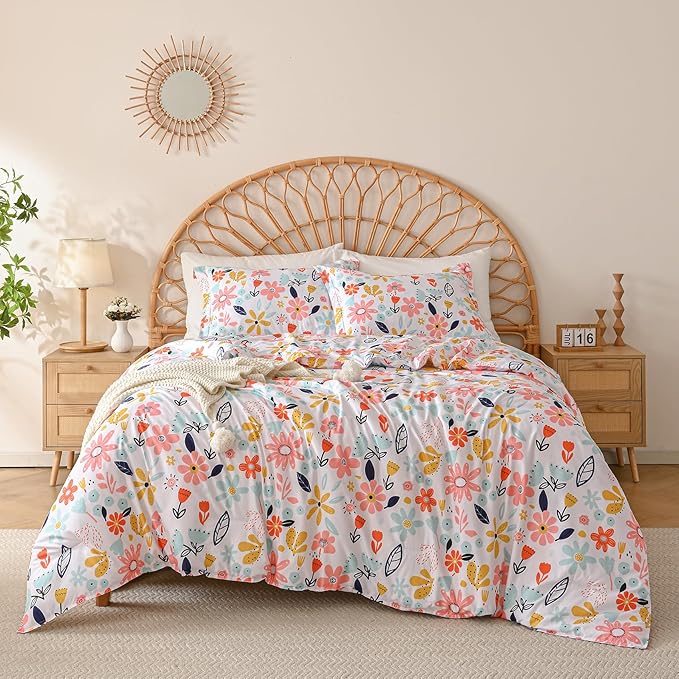 Yibeizi Floral Comforter Set for Girls Full Size, Kids Cute Patterned Bedding Set with Pillow Sham, Lightweight Soft Breathable Machine Washable Quilt Bed Comforter Set 3 Piece