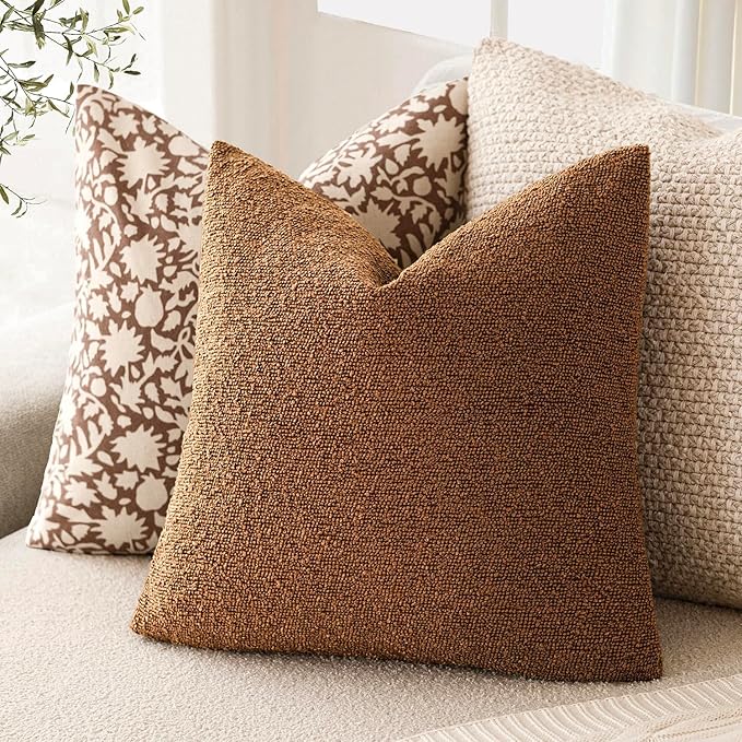 Foindtower Set of 2, Decorative Textured Boucle Throw Pillow Covers Accent Solid Pillow Cases Neutral Soft Cozy Couch Cushion Case for Chair Sofa Bedroom Living Room Home Decor 26x26 Inch Hazel Brown
