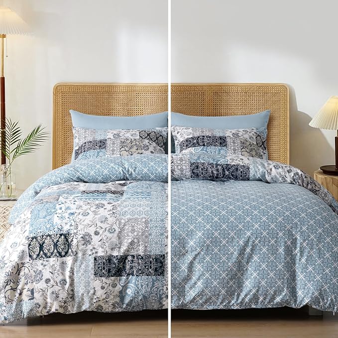 PHF Ultra Soft Floral Duvet Cover Queen Size, Printed boho Bedding Set 3 Pieces, Comfy Farmhouse Reversible Paisley Pattern Duvet Cover Set with 2 Pillow Shams, Zipper Closure and 8 Ties, 90"x90",Blue