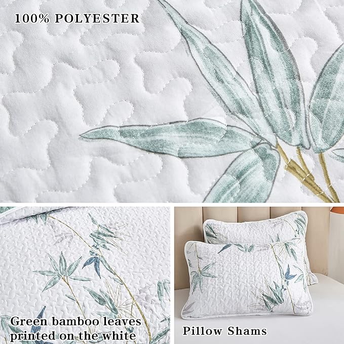 Botanical Quilt Set 3 Piece California King, Green Leaves Printed on White Reversible Bedspread Coverlet Set, Soft Microfiber Lightweight Bed Cover for All Season (102" x 114", 1 Quilt+ 2 Pillow Sham)