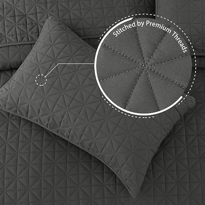 Exclusivo Mezcla Quilts Queen Size Bedding Set with Stitched Grid Pattern, Lightweight Summer Grey Bedspreads Coverlets Bed Cover for All Seasons (1 Quilt and 2 Pillow Shams)