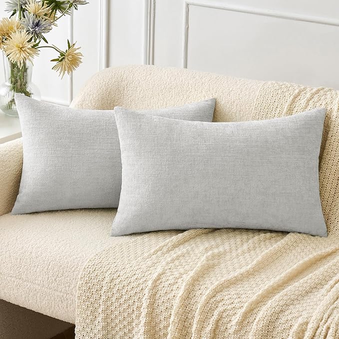 MIULEE Pack of 2 Light Gray Throw Pillow Covers 12x20 Inch Soft Chenille Lumbar Pillow Covers for Sofa Living Room Couch Solid Dyed Cases