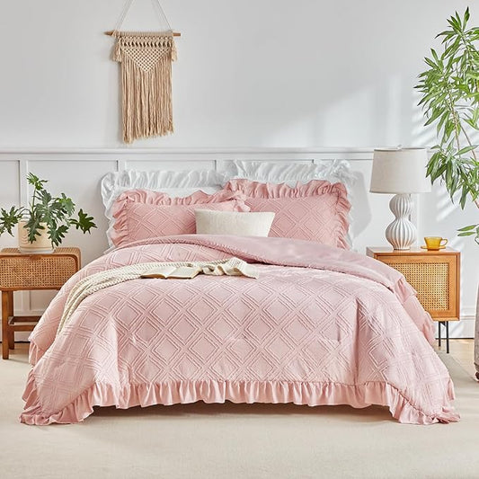 Tufted Grids Ruffle Comforter Set King Size, 3 Pieces Blush Pink Vintage Farmhouse Shabby Chic Comforters, Jacquard Boho Bohemian Bedding Set for All Season (1 Ruffled Comforter+ 2 Pillow Shams)