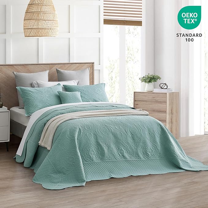 HZ & HY Oversized King Bedspread, Ultrasonic Coverlet Bedding Set, Lightweight Thin Comforter, Reversible, 5 Piece, 100% Microfiber, Seaglass