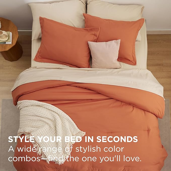Bedsure Twin Comforter Set - 5 Pieces Burnt Orange Twin Bedding Set for All Seasons, Boho Contrasting Design Bed in a Bag with Comforter, Sheets, Pillowcase & Sham