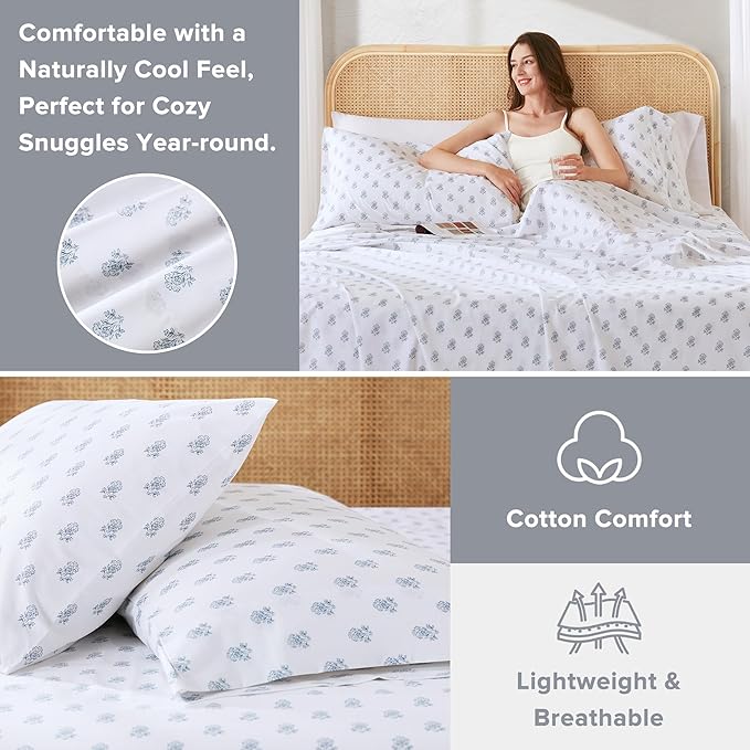 Comfort Spaces 100% Cotton Sheets King, Breathable, Naturally Cool Cotton Sheets, Soft Cotton Bed Sheets with 14" Elastic Pocket Fits up to 16" Mattress, All Seasons Sheet Set, Floral Blue 4 Piece