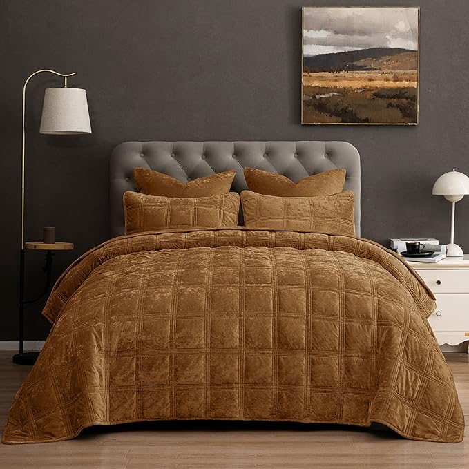 PHF Ultra Soft Velvet Quilt Set Twin Size – 2PCS Luxurious Cozy Quilted Comforter Alternative with Diamond Pattern, Warm Quilted Bedspread Coverlet, 68" x 92", Rusty Burnt Orange