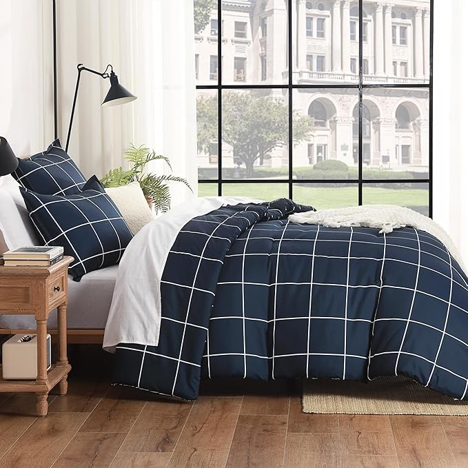 Andency Navy Plaid Comforter Queen(90x90Inch), Dark Blue Grid Gingham Buffalo Plaid Bed Set for Boys Kids Teens, 3 Pieces Lightweight Microfiber Geometric Preppy Bedding