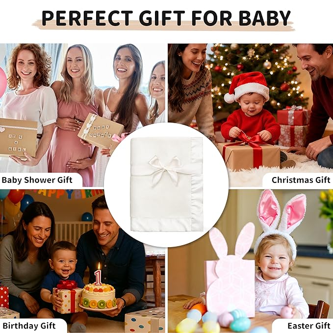 Pro Goleem Fleece Baby Blanket with 2 Inch Satin Trim Soft Anti-Static Plush Blanket for Boys and Girls Christmas Baby Gifts for Babies 30''x40''，White