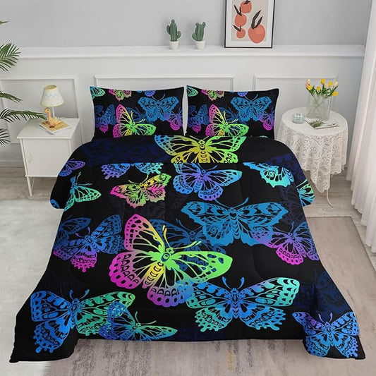 Axolotl Colorful Butterflies Bedding Set,Gradient Butterfly Comforter for Girls Kids,3 Pcs Butterfly Animal Kids Bed Set,Rainbow Butterflies Comforter for Teens Adults,1 Quilt with 2 Pillowcases King