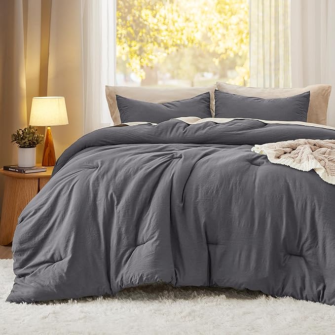 Bedsure California King Comforter Set, Dark Grey Soft Prewashed Bedding for All Seasons, 3 Pieces GentleSoft™ Bed Set, 1 Lightweight Comforter (104"x96") and 2 Pillowcases (20"x36")