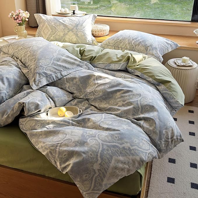 VM VOUGEMARKET Boho Duvet Cover Set Queen,Blue Gray Duvet Cover Matching 2 Pillow Shams,Retro Lightweight Bedding Set for Teens Adults