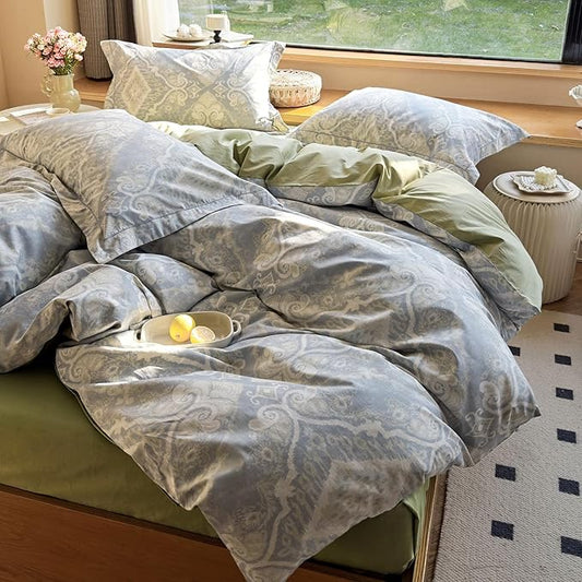 VM VOUGEMARKET Boho Duvet Cover Set Queen,Blue Gray Duvet Cover Matching 2 Pillow Shams,Retro Lightweight Bedding Set for Teens Adults