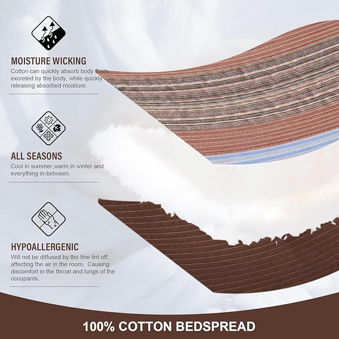 Oversized King Quilt Bedspread Coverlet 120x120, 100% Cotton California King Quilt with Pillow Shams, Soft Yarn Dyed Multicolor Striped Bedding Set, Brown/Beige/Blue
