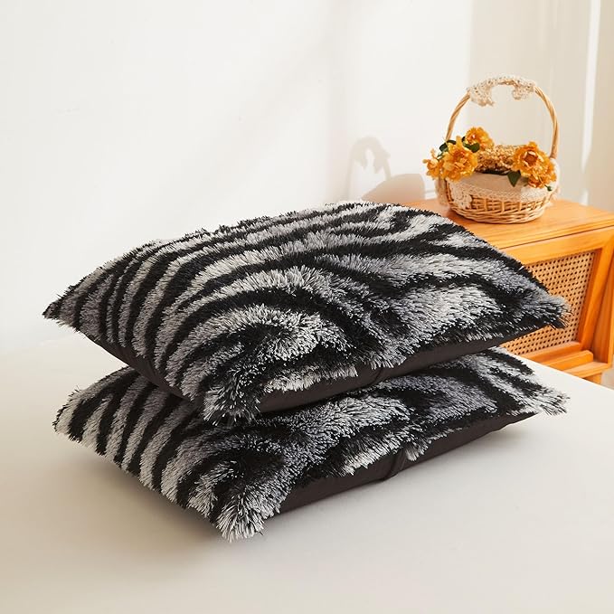 XeGe Zebra Print Fluffy Faux Fur Duvet Cover Set, 3 Pieces Soft Plush Shaggy Fuzzy Bedding Set(1 Farmhouse Striped Comforter Cover + 2 Furry Pillowcases), Zipper Closure(Queen, Black and Grey)