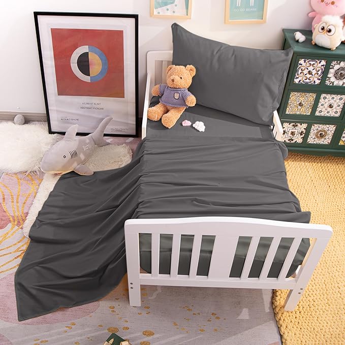 NTBAY Toddler Sheet Set - 3-Piece Microfiber Crib Sheet Set - Flat Sheet, Fitted Sheet, Pillowcase - Solid Toddler Bedding, Dark Grey