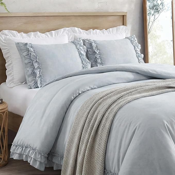 Bedrom Ruffled King Duvet Cover Set Blue Grey Bedding Set Shabby Chic Light Gray Boho Bedding Super Soft Lightweight Farmhouse Ruffle Duvet Cover Set for All Season