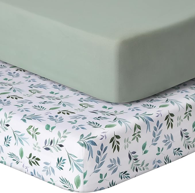 Baby Crib Sheets for Boys Girls, 2 Pack Fitted Crib Sheet for Standard Crib and Toddler Mattress, Soft Microfiber Baby Sheet 52x28x8in (Leaf & Green)