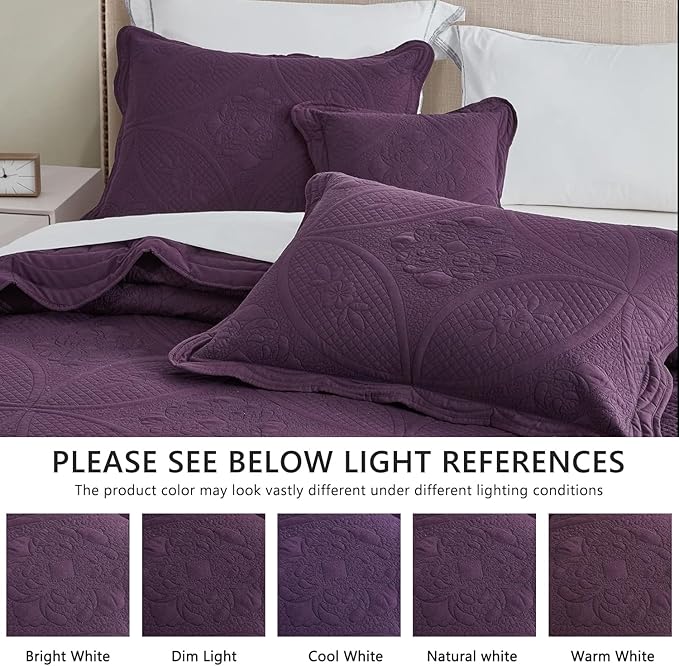 Bedspread - Full Size Bedding Cover - Modern & Contemporary Coverlet Set, Real Stitching, Reversible, Lightweight, 5 Piece, Purple