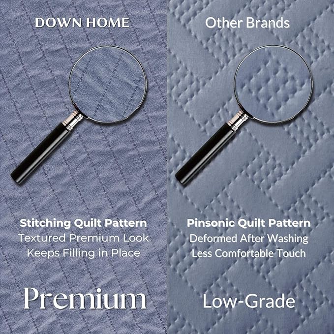DOWN HOME Twin Quilt Bedding Set with Sham, Vintage Washed Soft Quilted Blanket Thin Comforter Lightweight Bedspread Coverlet Bed Cover, Brushed Microfiber Stripe Stitching, Vintage Denim, 66"x92"