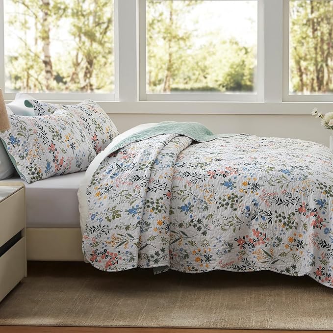 LEAONME 3-Piece King Size Quilt Set Lightweight Bedspread Coverlet 98''x106'' Garden Style Floral Printed Oversized Bedding Set with Shams for All Season