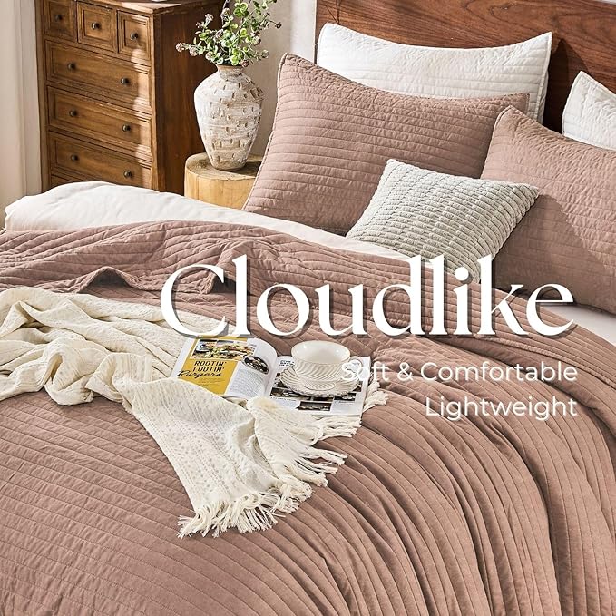 DOWN HOME King Quilt Bedding Set with Shams, Vintage Washed Soft Quilted Blanket Thin Comforter Lightweight Bedspread Coverlet Bed Cover, Brushed Microfiber Stripe Stitching, Desert Blush, 104"x90"