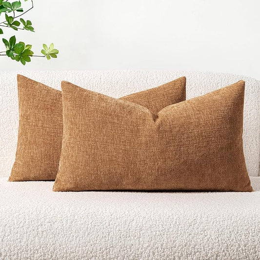 MIULEE Pack of 2 Brown Throw Pillow Covers 12x20 Inch Soft Chenille Lumbar Pillow Covers for Sofa Living Room Couch Solid Dyed Cases