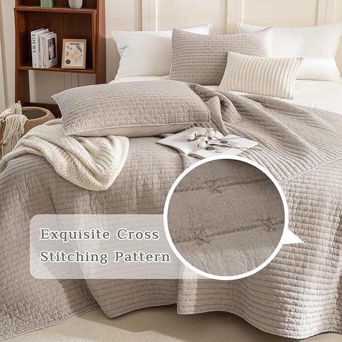 CozyTide Oversized King Bedspread 128x120,Stone-Washed Cotton Linen Colored Lightweight Quilt Set 3Pcs Soft Farmhouse Extra Large King Quilt Coverlet Bedding Set for All Season